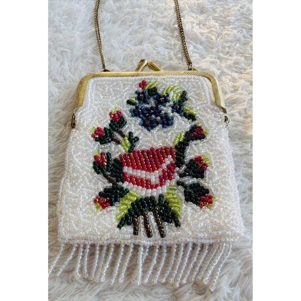 Vintage Floral Hand Beaded Fringe Chain Strap Tiny Seed Evening Purse Flapper